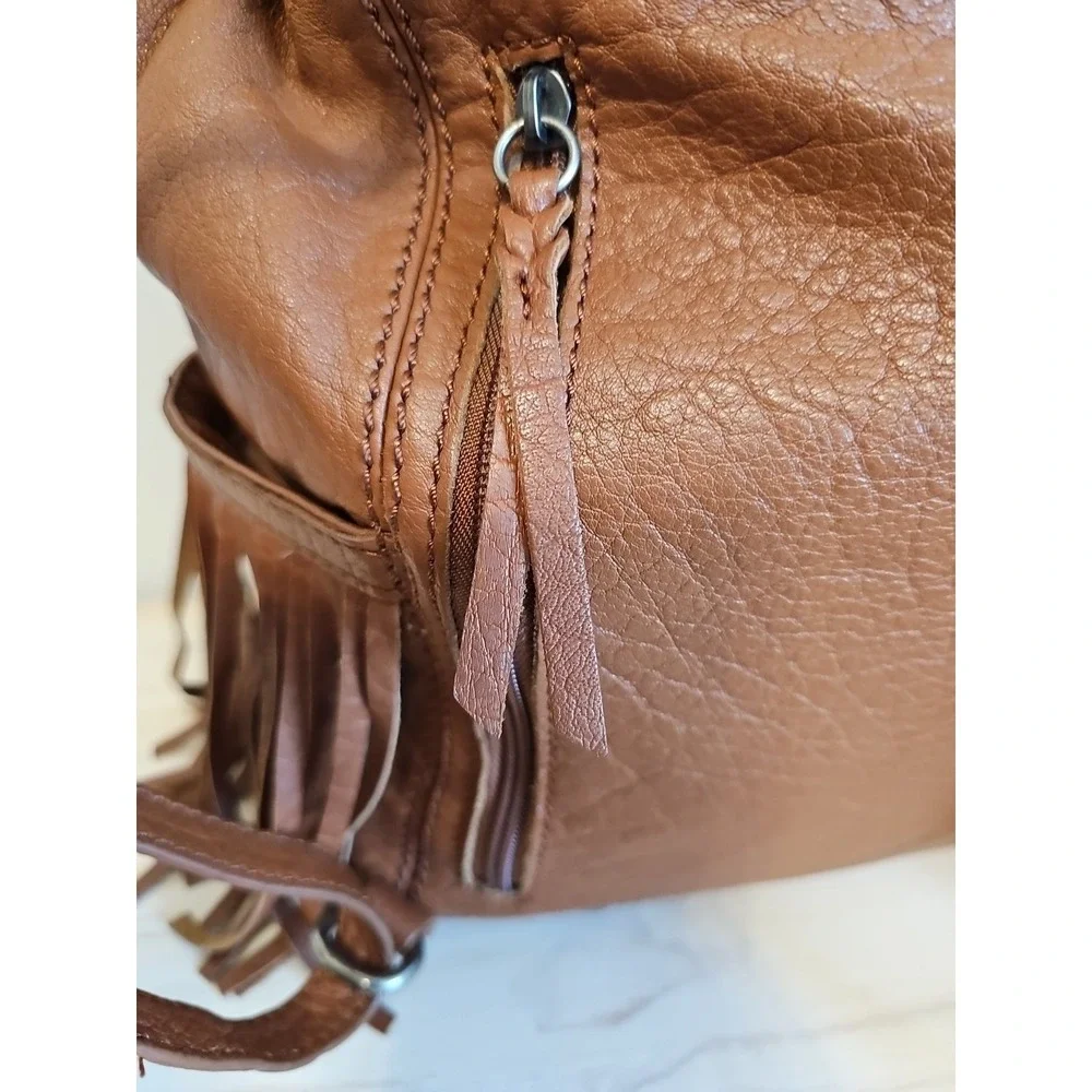 The Sak Avalon Fringed Convertible Cognac Brown Leather Backpack or Handbag
